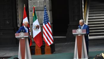 Presidents Joe Biden and Andres Manuel Lopez Obrador meet at the National Palace in Mexico City, January 10, 2023 (Carlos Tischler/Eyepix Group/Shutterstock)
