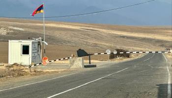 The Armenian checkpoint at the crossing into Nagorno-Karabakh via the Lachin corridor (Gilles Bader/Le Pictorium Agency via ZUMA/Shutterstock).