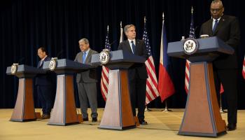 Philippine Senior Undersecretary and Officer-in-Charge of National Defense Carlito Galvez and Foreign Secretary Enrique Manalo along with US Secretary of State Antony Blinken and Defense Secretary Lloyd Austin (left to right) at a press conference following their '2+2' meeting in Washington on April 11 (Nathan Posner/Shutterstock)