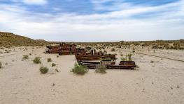 Ships stranded by the drying of the Aral Sea, Moynak, Uzbekistan, April 30, 2022 (Poztos/Shutterstock)