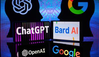 Logos of Google's Bard and OpenAI's ChatGPT on a screen (Shutterstock)