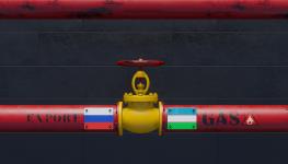 Pipeline taking gas from Russia to Uzbekistan, with Russian (L) and Uzbek flags (Fly of Swallow Studio/Shutterstock)