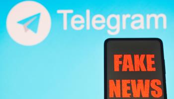 The Telegram logo with a smartphone screen with the words 'Fake News'. (Rafael Henrique/SOPA Images/Shutterstock)