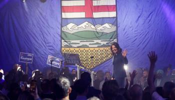 Alberta Premier Danielle Smith prepares to acknowledge her victory in the provincial election, Calgary, May 29, 2023 (Canadian Press/Shutterstock)