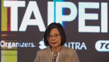 Taiwanese President Tsai Ing-Wen addresses the 2023 TAPEI COMPUTEX trade show. (Walid Berrazeg/SOPA Images/Shutterstock)