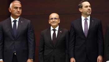 New Treasury and Finance Minister Mehmet Simsek, flanked by Minister of Culture and Tourism Mehmet Nuri Ersoy (L) and Minister of Energy and Natural Resources Alparslan Bayraktar (R), Ankara, June 3 (Necati Savas/EPA-EFE/Shutterstock)