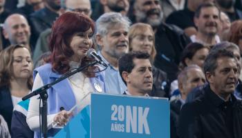 Vice-President Cristina Kirchner addresses a rally with Interior Minister Eduardo de Pedro (c) and Economy Minister Sergio Massa (r) (Esteban Osorio/Shutterstock)