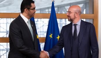COP28 President-Designate Sultan Ahmed al-Jaber (L) meets EU Council President Charles Michel (R), Brussels, Belgium, June 7, 2023 (Shutterstock)