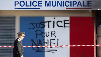 Graffiti on a police station in Lisieux, northwestern France (Lafargue Raphael-POOL/SIPA/Shutterstock)