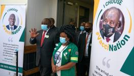 President Cyril Ramaphosa visits Khayelitsha hospital in Cape Town, South Africa, February 17, 2021. (NIC BOTHMA/EPA-EFE/Shutterstock)