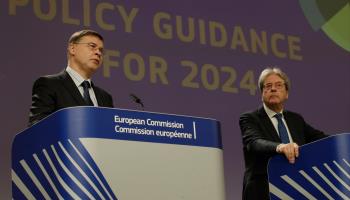 European Commission Executive Vice-President Valdis Dombrovskis (L) and European Commissioner in charge Economy Paolo Gentiloni (R) (Olivier Hoslet/EPA-EFE/Shutterstock)