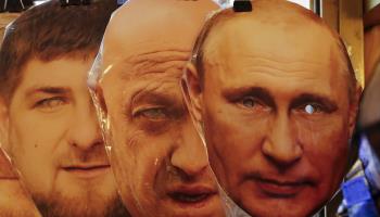 Face masks for sale in a souvenir market depicting (L-R) Chechen leader Ramzan Kadyrov; Wagner Group owner Yevgeny Prigozhin; and Russian President Vladimir Putin, St Petersburg, June 26 (Anatoly Maltsev/EPA-EFE/Shutterstock)