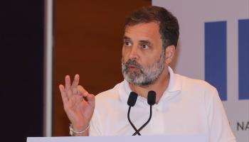 The main opposition Congress party's Rahul Gandhi speaking at a media briefing after the meeting of the INDIA front in Mumbai last week (Niharika Kulkarni/NurPhoto/Shutterstock) 