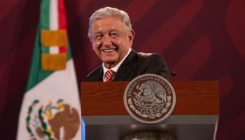 AMLO speaks at one of his morning press conferences, May 2023 (Shutterstock)