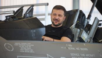 Ukraine President Volodymyr Zelensky sat in the cockpit of an F-16 fighter jet during a trip to Skrydstrup Airbase, in Denmark, in August 2023 (EyePress News/Shutterstock)