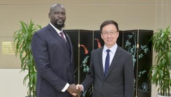 Guinea junta leader Mamadi Doumbouya meets with Chinese Vice President Han Zheng at the  2023 UN General Assembly meeting, New York, September 2023 (Xinhua/Shutterstock)