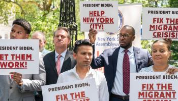 A rally in New York City calls for help to deal with the migrant crisis, July 31, 2023 (Lev Radin/Pacific Press/Shutterstock)