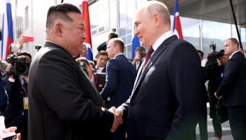 North Korean leader Kim Jong-un (left) meeting Russian President Vladimir Putin (right) at the Vostochny Cosmodrome on September 13 (EyePress News/Shutterstock)