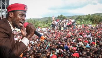 Bobi Wine addresses a political rally in 2019, September 25, 2019 (Sally Hayden/SOPA Images/Shutterstock)