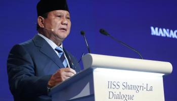 Defence Minister Prabowo Subianto speaking at the Shangri-La Dialogue in Singapore in 2022 (How Hwee Young/EPA-EFE/Shutterstock)