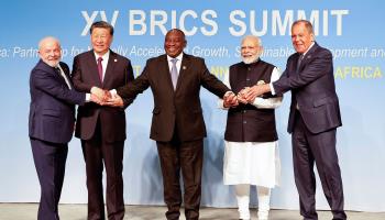 President of Brazil Luiz Inacio Lula da Silva, President of China Xi Jinping, South African President Cyril Ramaphosa, Prime Minister of India Narendra Modi and Russia's Foreign Minister Sergei Lavrov pose for a BRICS family photo during the 2023 BRICS Summit in Johannesburg, South Africa, 23 August (Gianluigi Guercia/POOL/EPA-EFE/Shutterstock)