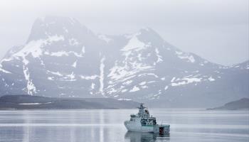 Danish Navy patrol boat HDMS Ejnar Mikkelsen operating off Greenland, Nuuk inlet, July 20, 2022 (Nigel Jarvis/Shutterstock)