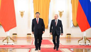Russian President Vladimir Putin welcomes Chinese President Xi Jinping at the St. George's Hall at the Kremlin in Moscow, Russia, March 21, 2023 (Chine Nouvelle/SIPA/Shutterstock)