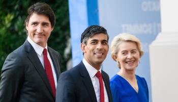 UK Prime Minister Rishi Sunak (centre) with Canadian Prime Minister Justin Trudeau (L) and European Commission President Ursula von der Leyen (R) (Shutterstock)