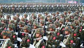 Myanmar soldiers marching during the annual Armed Forces Day parade in March (Chine Nouvelle/SIPA/Shutterstock)