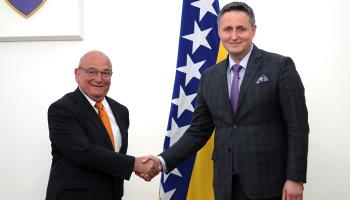 UK Special Envoy Stuart Peach and Denis Becirevic, member of Bosnia's tripartite presidency (Fehim Demir/EPA-EFE/Shutterstock)