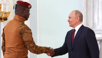Burkinabe junta leader Captain Ibrahim Traore meets Russian President Vladimir Putin at the Russia-Africa Summit in St Petersburg, July 2023 (APAImages/Shutterstock)