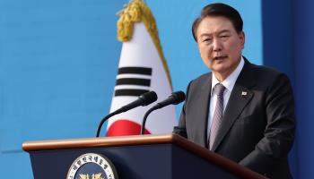 President Yoon Suk-yeol giving a speech in Seoul commemorating a Korean War battle (Yonhap/EPA-EFE/Shutterstock)