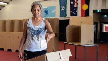 A voter casts her referendum ballot at Lockridge Primary School, Perth, on October 14, 2023 (Richard Wainwright/EPA-EFE/Shutterstock)