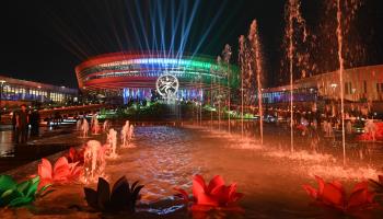 The Delhi venue for last month's G20 summit lit up with colourful lights after the event's conclusion (Sonu Mehta/Hindustan Times/Shutterstock)