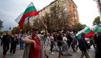 Protesters march through Sofia demanding the dissolution of the Bulgarian parliament, retaining the lev as the national currency and keeping the national day as March 3, Sofia, September 6 (Hristo Vladev/NurPhoto/Shutterstock).