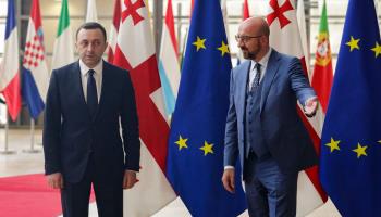 Prime Minister of Georgia Irakli Garibashvili is welcomed by European Council President Charles Michel prior to a meeting in Brussels, Belgium, May 2022 (OLIVIER HOSLET/EPA-EFE/Shutterstock)