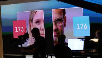 Swedish television presents the results of the September 2022 parliamentary elections, showing the bloc led by Social Democrat Magdalena Andersson (L) with 173 seats and Moderate Party leader Ulf Kristersson's (R) bloc with 176, Stockholm, September 11, 2022 (Jeppe Gustafsson/Shutterstock).