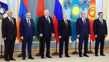 Leaders of Russia, Belarus, Kazakhstan, Kyrgyzstan and Armenia gathered in Moscow for events hosted by the Eurasian Economic Union (EEU) in May 2023 (Kremlin POOL/UPI/Shutterstock)