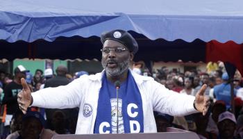 Liberian President George Weah campaigning for re-election, August 2023 (AHMED JALLANZO/EPA-EFE/Shutterstock)
