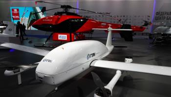 UAVs on display during an exhibition visited by Russian President Vladimir Putin at the Rudnyovo industrial park in Moscow, April 2023 (Shutterstock)