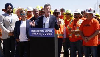 California Governor Gavin Newsom speaks at a construction site in Stanislaus County, California, May 19, 2023 (John G Mabanglo/EPA-EFE/Shutterstock)