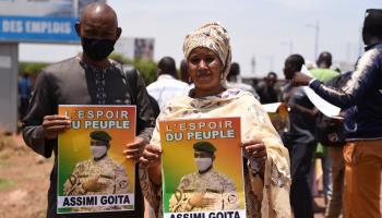 Supporters of Mali's junta leader Colonel Assimi Goita following his May 2021 coup (Nicolas Remene/Le Pictorium Agency via ZUMA/Shutterstock)