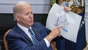 President Biden displays a chart showing the size of wind turbines at a White House meeting, June 23, 2022 (Pool/ABACA/Shutterstock)