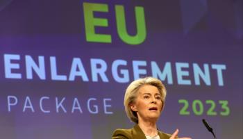 European Commission President Ursula von der Leyen presents the 2023 Enlargement Package and new Growth Plan for the Western Balkans, Brussels, November 8 (Olivier Hoslet/EPA-EFE/Shutterstock)