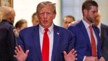 Donald Trump speaks to the media during his civil fraud court trial in New York, December 7,  2023. (SARAH YENESEL/EPA-EFE/Shutterstock) 