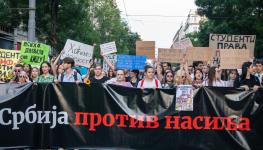 The Serbia Against Violence protest movement (which later stood in the elections) stages a protest outside parliament against increasing violence in Serbia, Belgrade, June 4 (Kristijana23/Shutterstock)