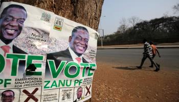 ZANU-PF election posters for the presidential election, August 27, 2023. (AARON UFUMELI/EPA-EFE/Shutterstock)