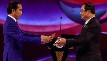 Indonesian President Joko ‘Jokowi’ Widodo (left) passing a gavel to Lao Prime Minister Sonexay Siphandone (right) at the closing ceremony of the ASEAN summit in Jakarta in September, symbolising the handover of the group’s chairmanship (Willy Kurniawan/Pool/EPA-EFE/Shutterstock)