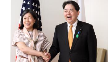 US Trade Representative Katherine Tai meets with Japanese Foreign Minister Yoshimasa Hayashi in Tokyo, April 19 (Yoshio Tsunoda/AFLO/Shutterstock)