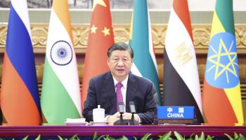 President Xi Jinping gives a speech during a BRICS meeting on the situation in the Middle East and Gaza (Xinhua/Shutterstock)